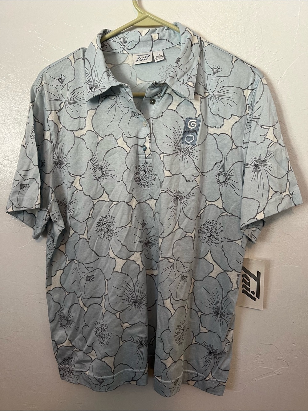 TAIL Polo Shirt Womens Blue Floral Size Large Golf Tennis Pickleball Casual New